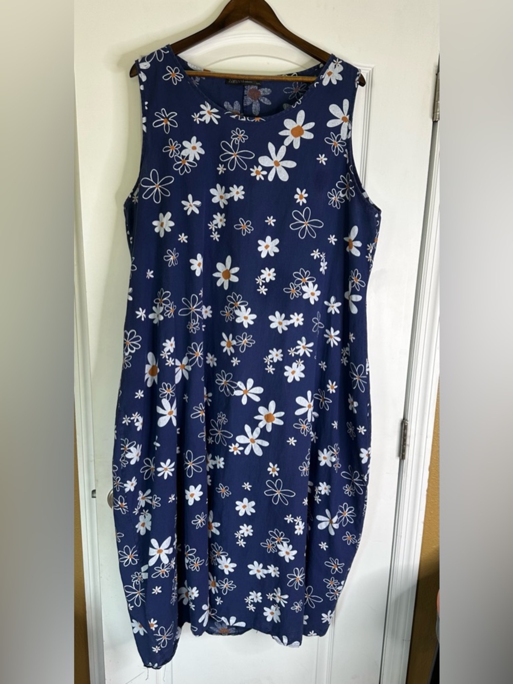 Zanzea Navy Floral Sleeveless Sundress with White and Gold Daisies